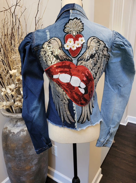 Denim Puff Sleeve Heart Jacket