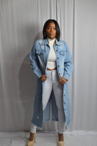 Fashion Light Blue Floor Length Jean Jacket